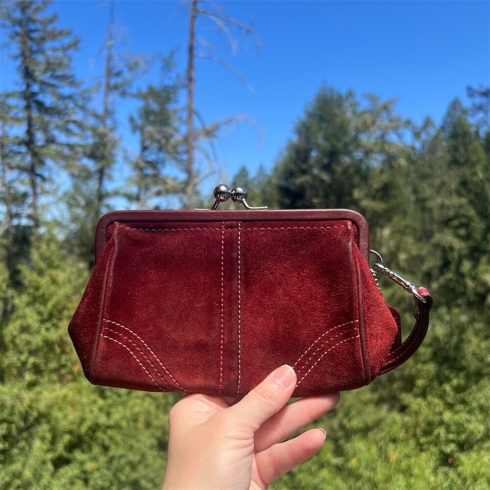 COACH VINTAGE Burgundy Suede KissLock Clutch Pouch Wallet Purse Silver Hardware - Picture 3 of 10
